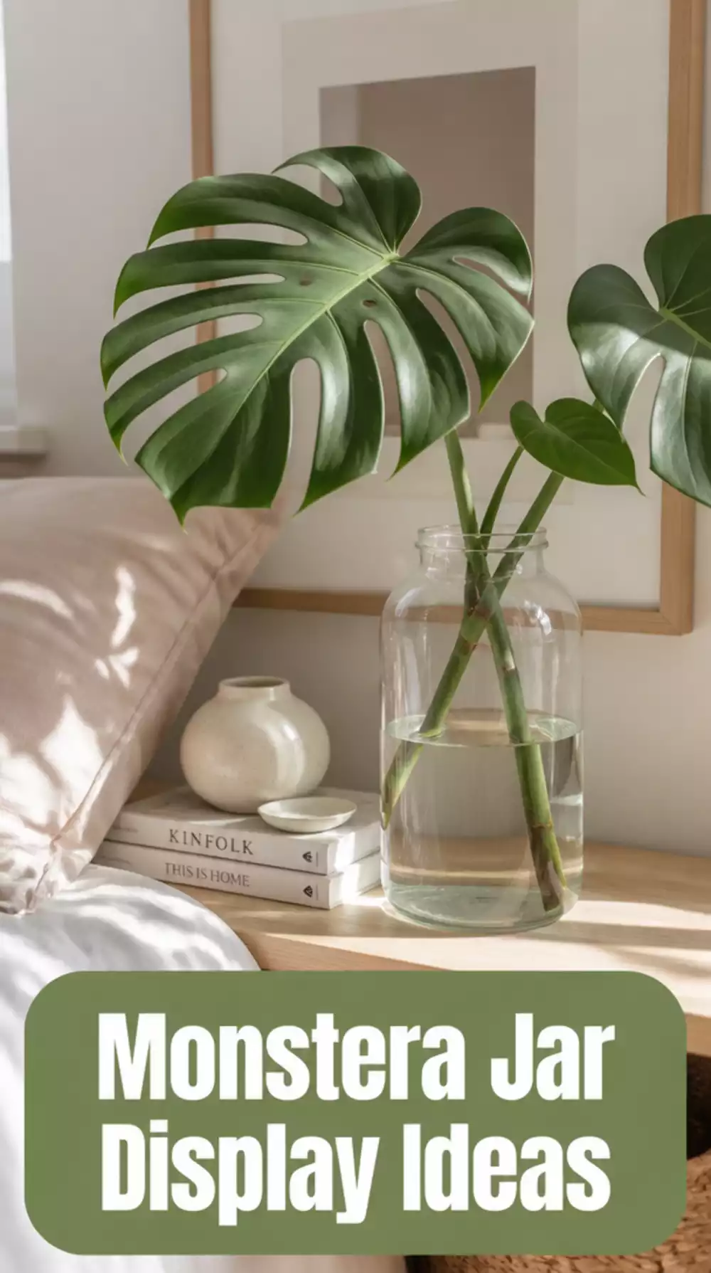 Monstera Water Propagation in a Wide-Mouth Glass Jar Styled on a Bedroom Shelf