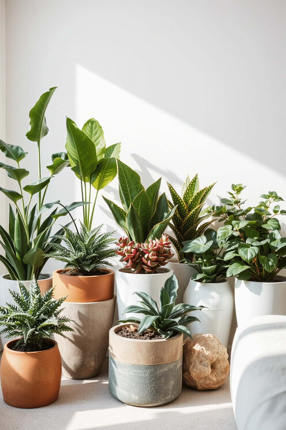 A collection of various faux and real plants arranged harmoniously in a well-lit living space, showcasing different textures and leaf shapes, with stylish planters. No humans, no text.