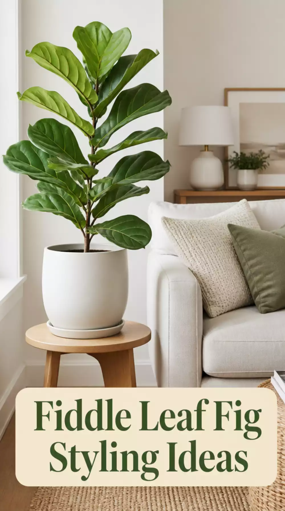 Fiddle Leaf Fig in a Matte White Ceramic Pot Styled in a Sun-Drenched Living Room