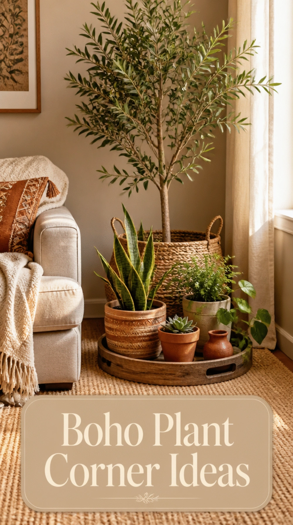 Living Room Boho Plant Corner with a Jute Rug, Floor Plant, and Wooden Tray