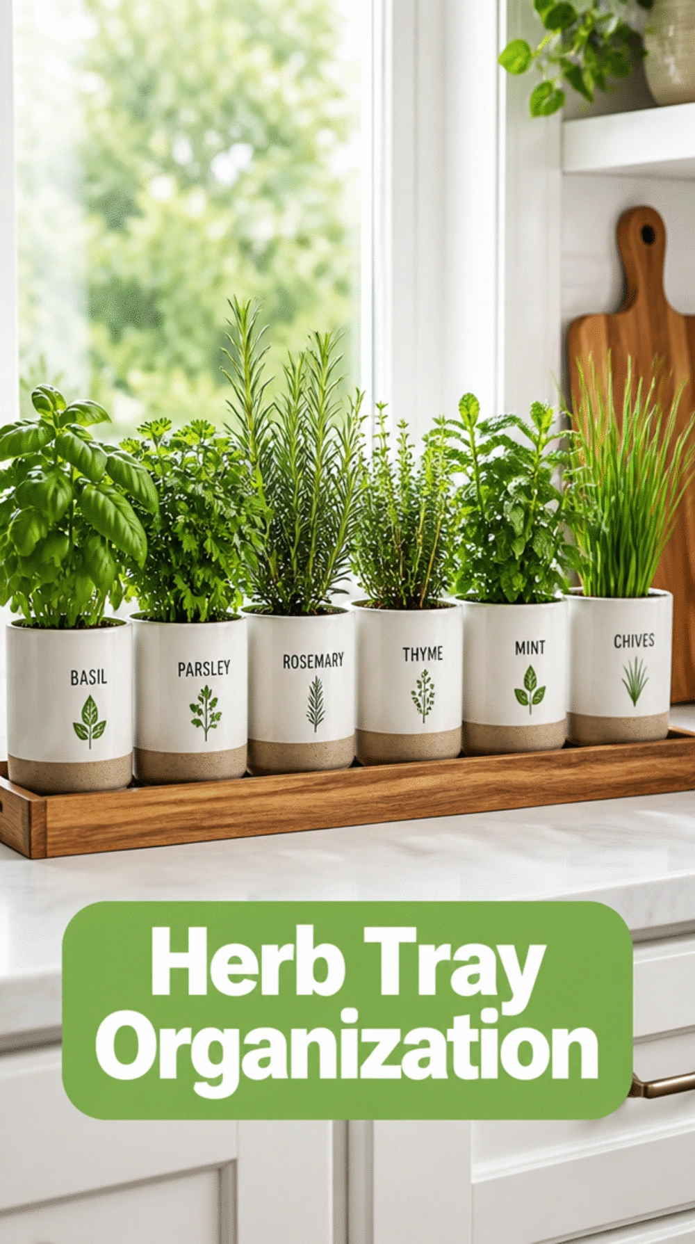 Kitchen Windowsill Wooden Herb Tray That Groups Six Herb Pots in a Clean Row