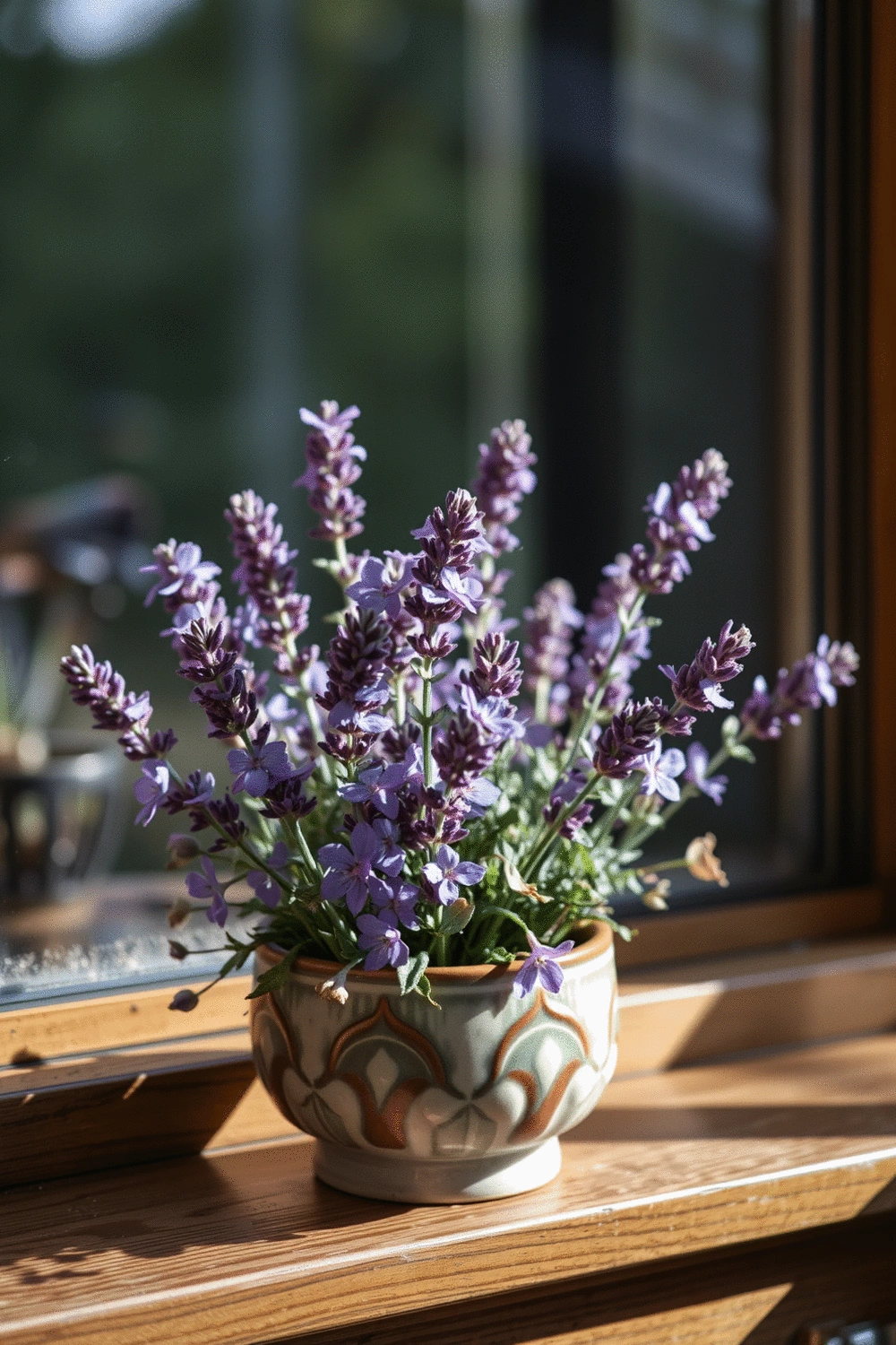 A close-up of a vibrant lavender plant with delicate purple flowers, in a decorative ceramic pot on a wooden windowsill. Soft, diffused light highlights its texture.
