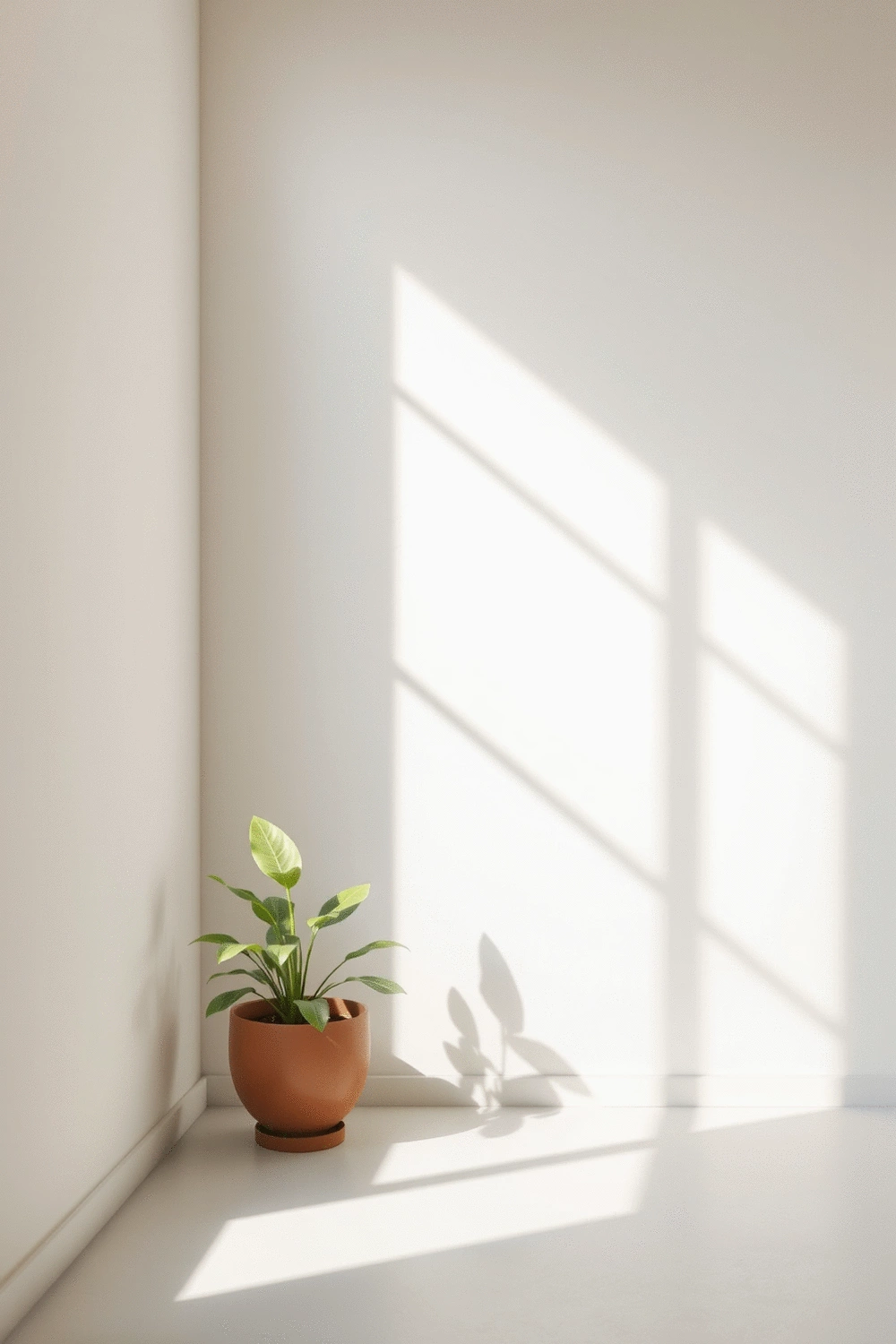 Sunlight streaming onto an empty wall section, demonstrating natural light assessment for plant placement, no people