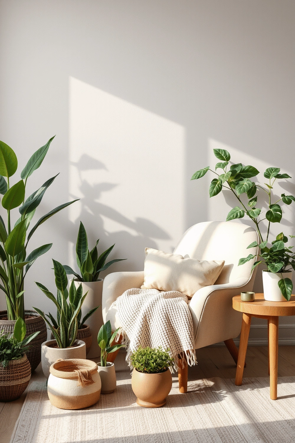 A cozy living room corner featuring a variety of plants in different pots, a plush armchair with a textured throw, and a wooden side table, illustrating harmonious decor elements.