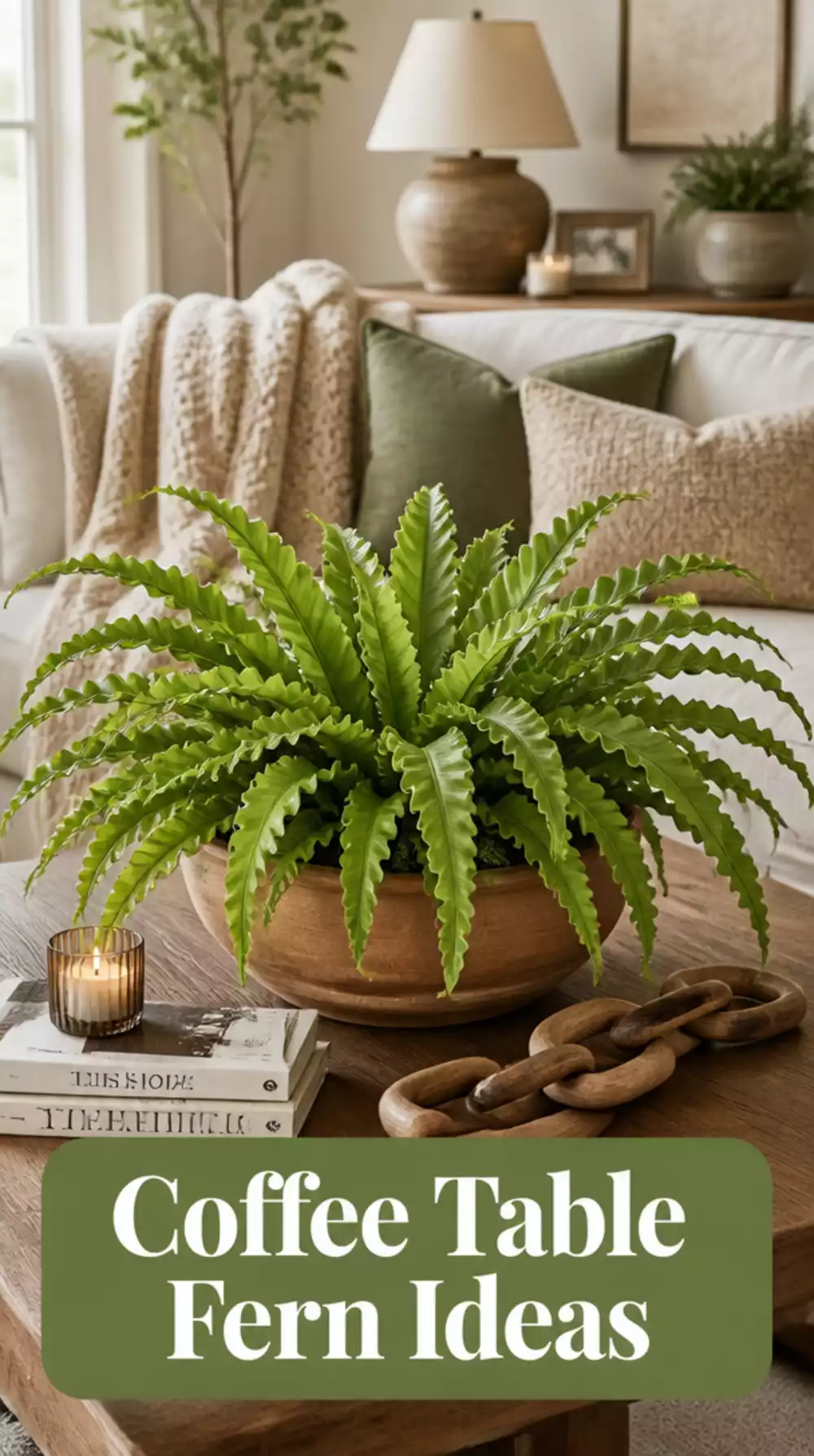 Bird's Nest Fern in a Wide Terracotta Bowl That Sits Beautifully on a Coffee Table