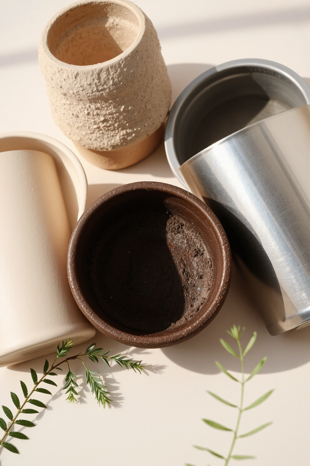 A close-up flat lay of various planter materials: a smooth ceramic pot, a textured concrete planter, and a sleek metallic container, all empty and ready for plants.