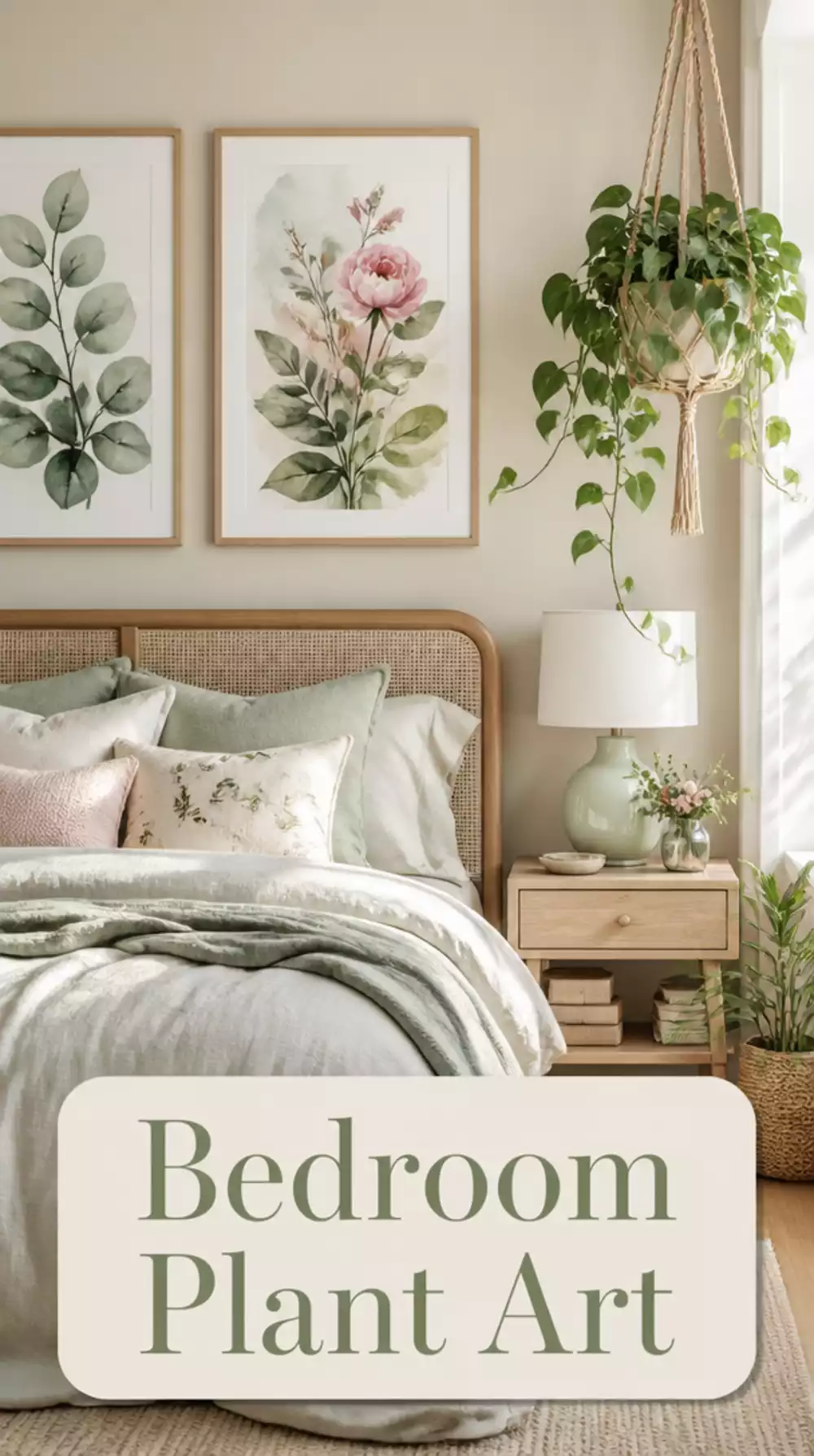Serene Bedroom Botanical Print and Hanging Planter Ideas