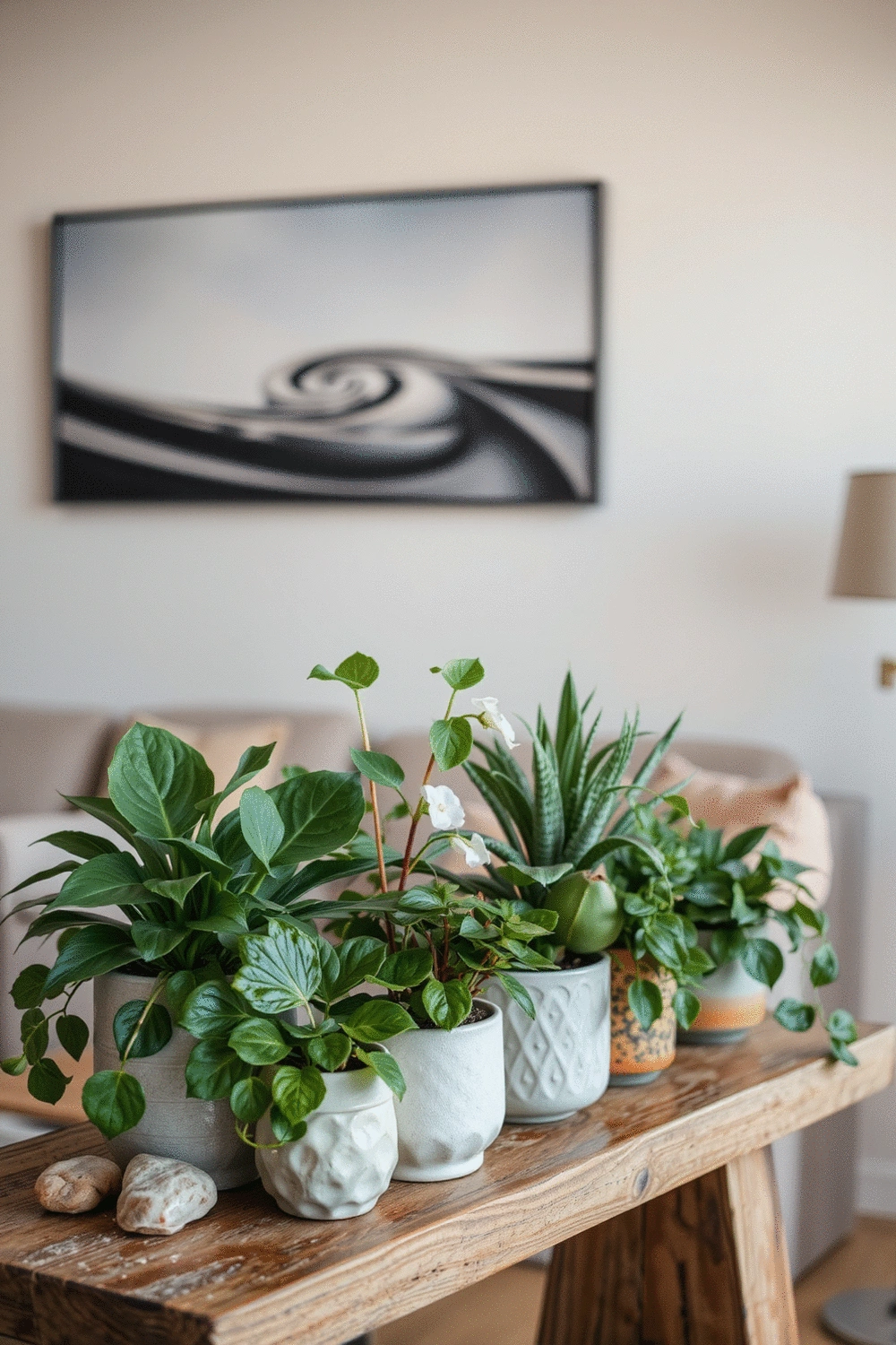 A beautifully arranged plant display featuring various indoor plants in unique containers, with decorative elements on a wooden shelf, reflecting a personalized style.
