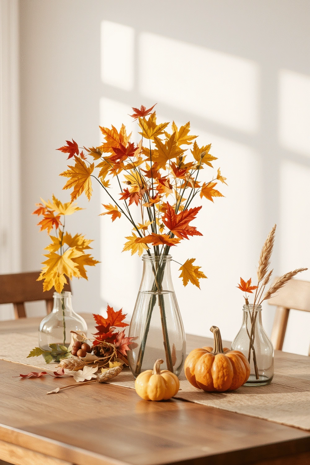 Autumn foliage with decorative vases and seasonal elements