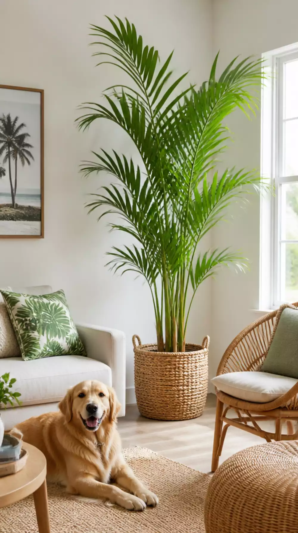 Living Room Areca Palm in a Tall Woven Basket That Is Completely Safe for Dogs