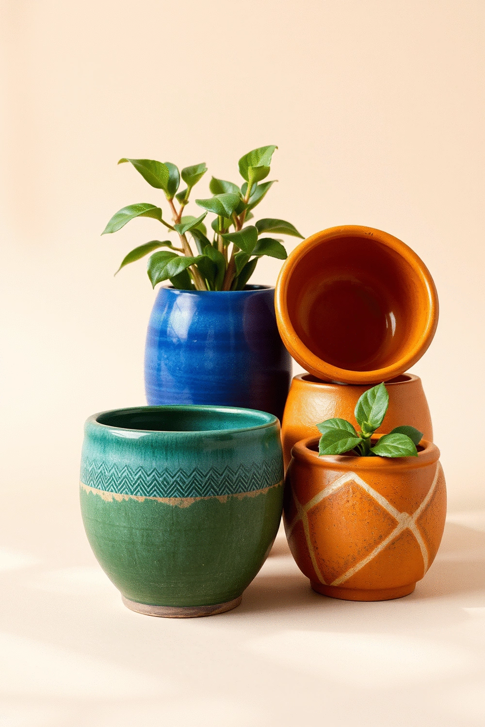 A vibrant arrangement of three empty ceramic planters on a neutral background. One is a deep emerald green, another a rich royal blue, and the third a warm terracotta orange. Each planter has a unique, subtle geometric pattern. The lighting is soft and even, highlighting the colors and textures. no text, no words, no typography, no labels, clean image, no humans, no people, no hands, no body parts
