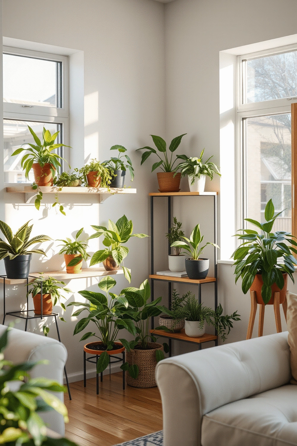 A bright, sunlit living room corner with a variety of healthy indoor plants on shelves and stands, demonstrating different light exposures, no humans, no people, no hands, no body parts