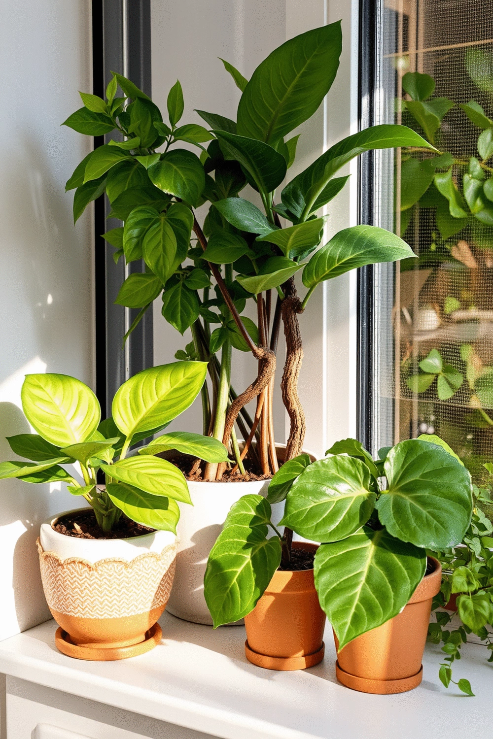 Arrangement of diverse potted plants on a window sill, showcasing various leaf textures and colors, with soft light filtering through.