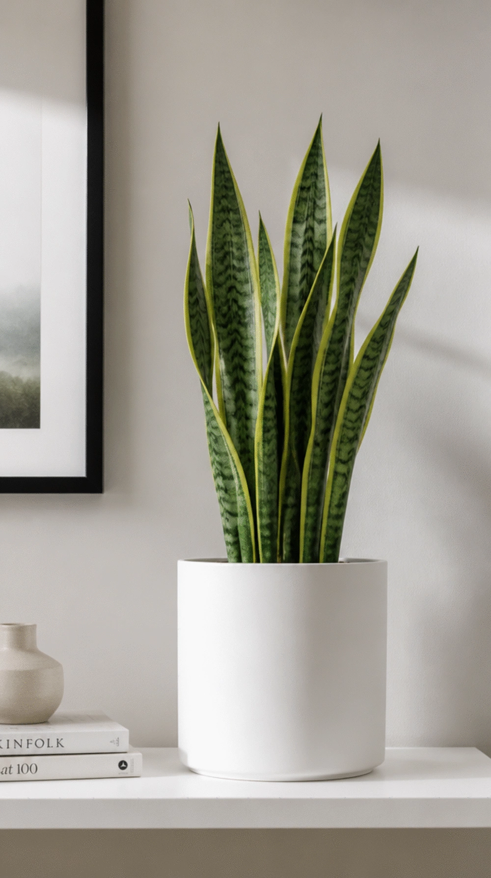 Single Snake Plant in a Matte White Ceramic Pot on a Clean Minimal Shelf