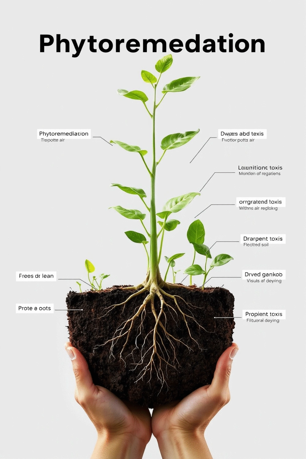 Diagram illustrating phytoremediation, showing plant roots and leaves absorbing and breaking down toxins from the air and soil