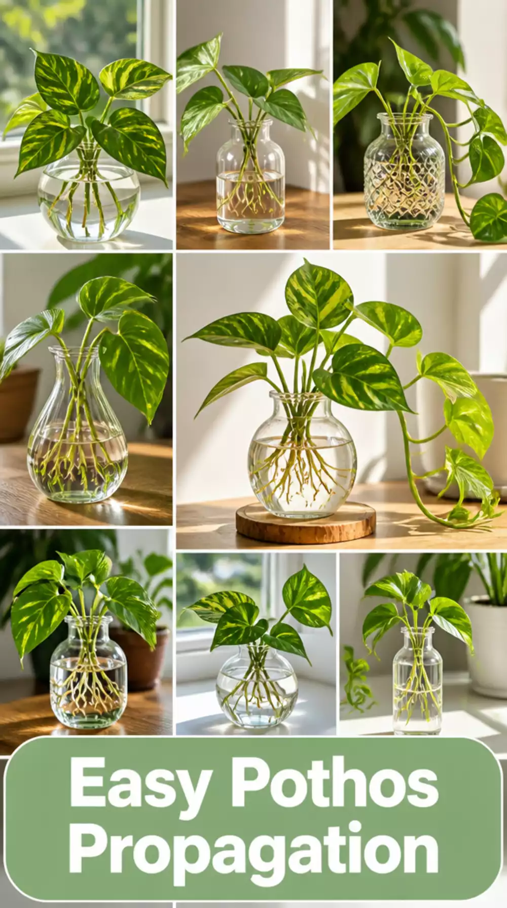 Trailing Pothos Cuttings in a Row of Small Glass Vases That Root in Natural Light