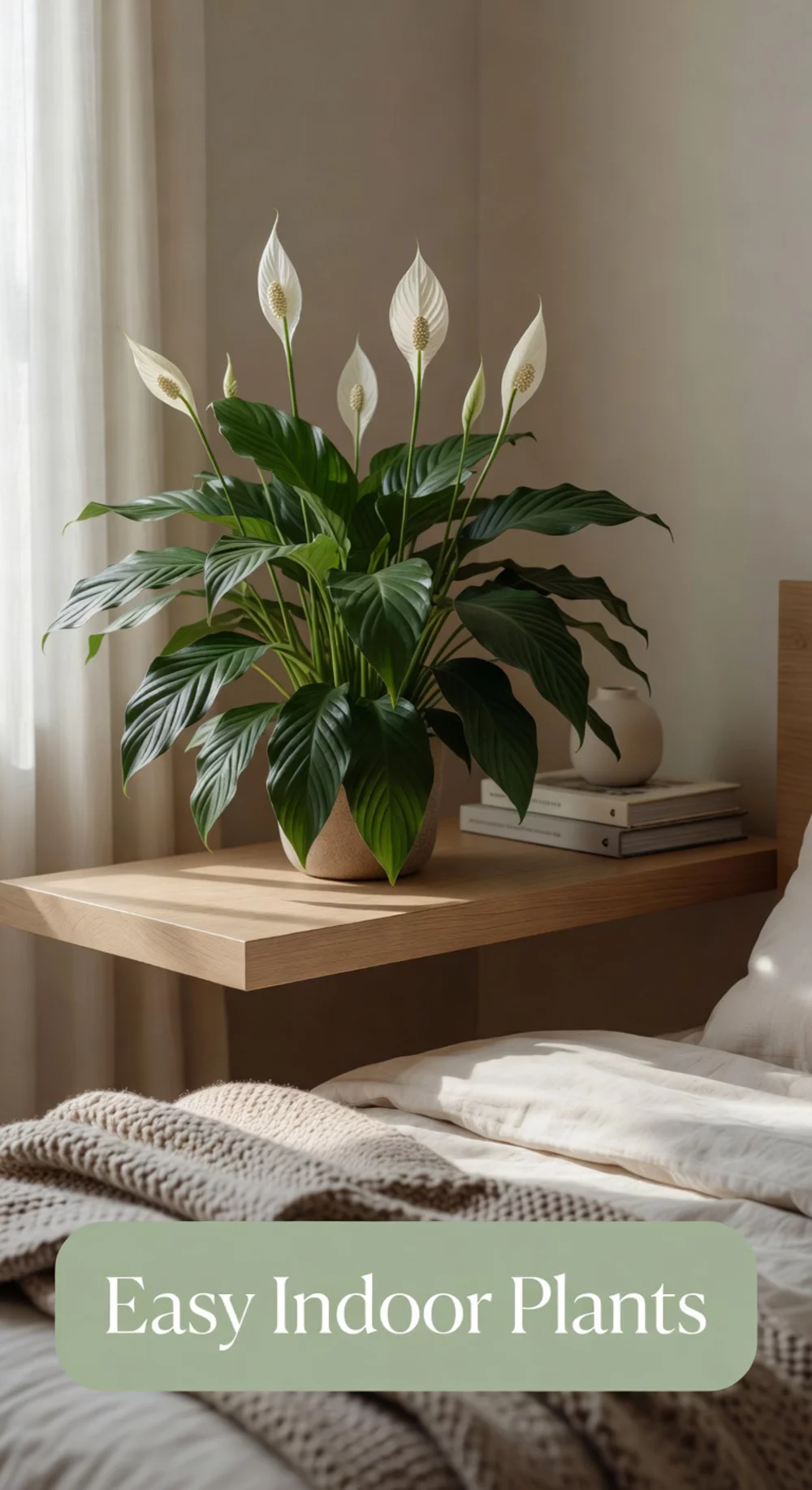 Peace Lily on an Apartment Bedroom Shelf That Purifies the Air Passively