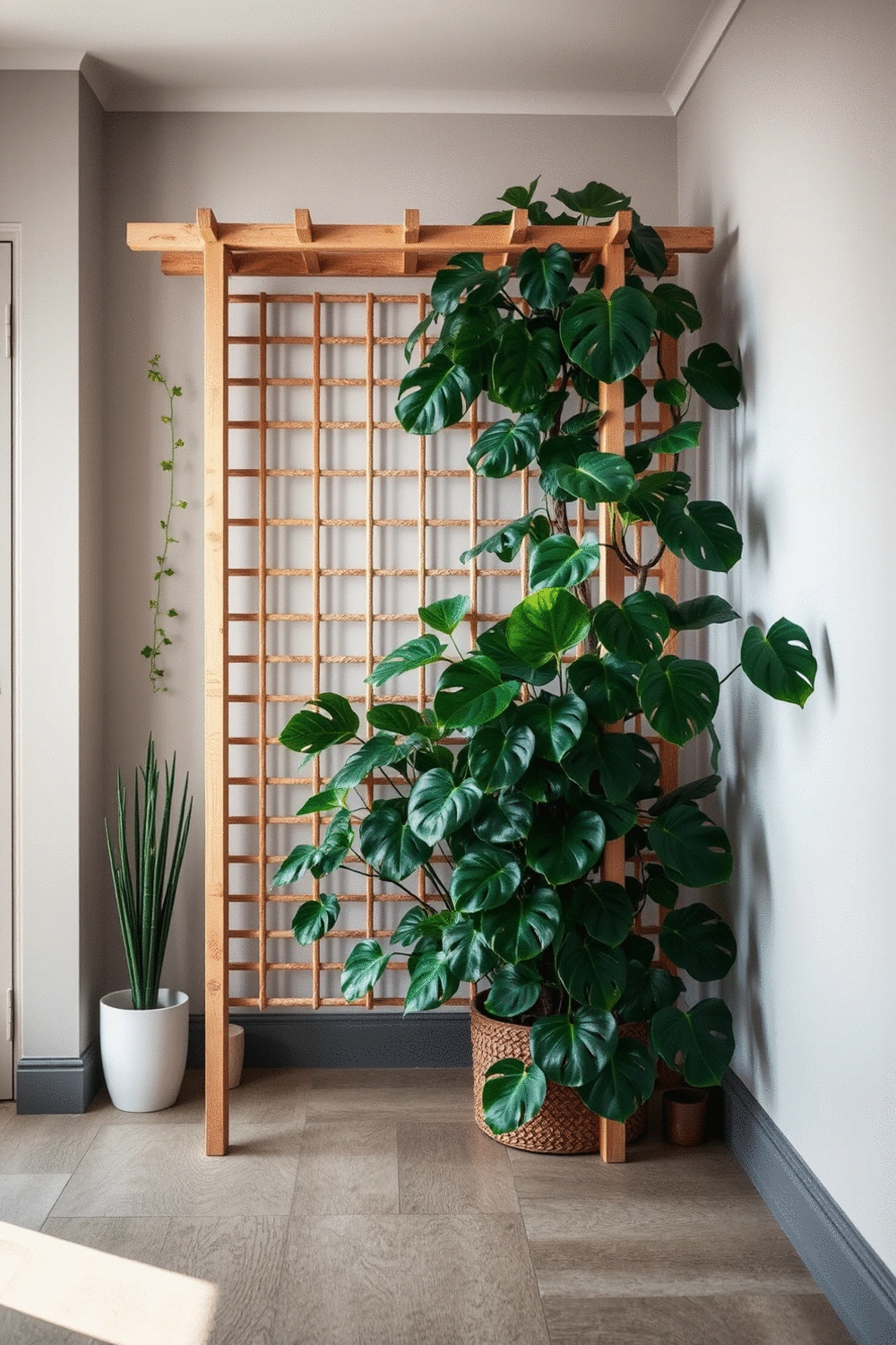 A stylish room featuring a decorative trellis with a climbing Monstera plant, creating a natural and private corner, emphasizing biophilic design elements.