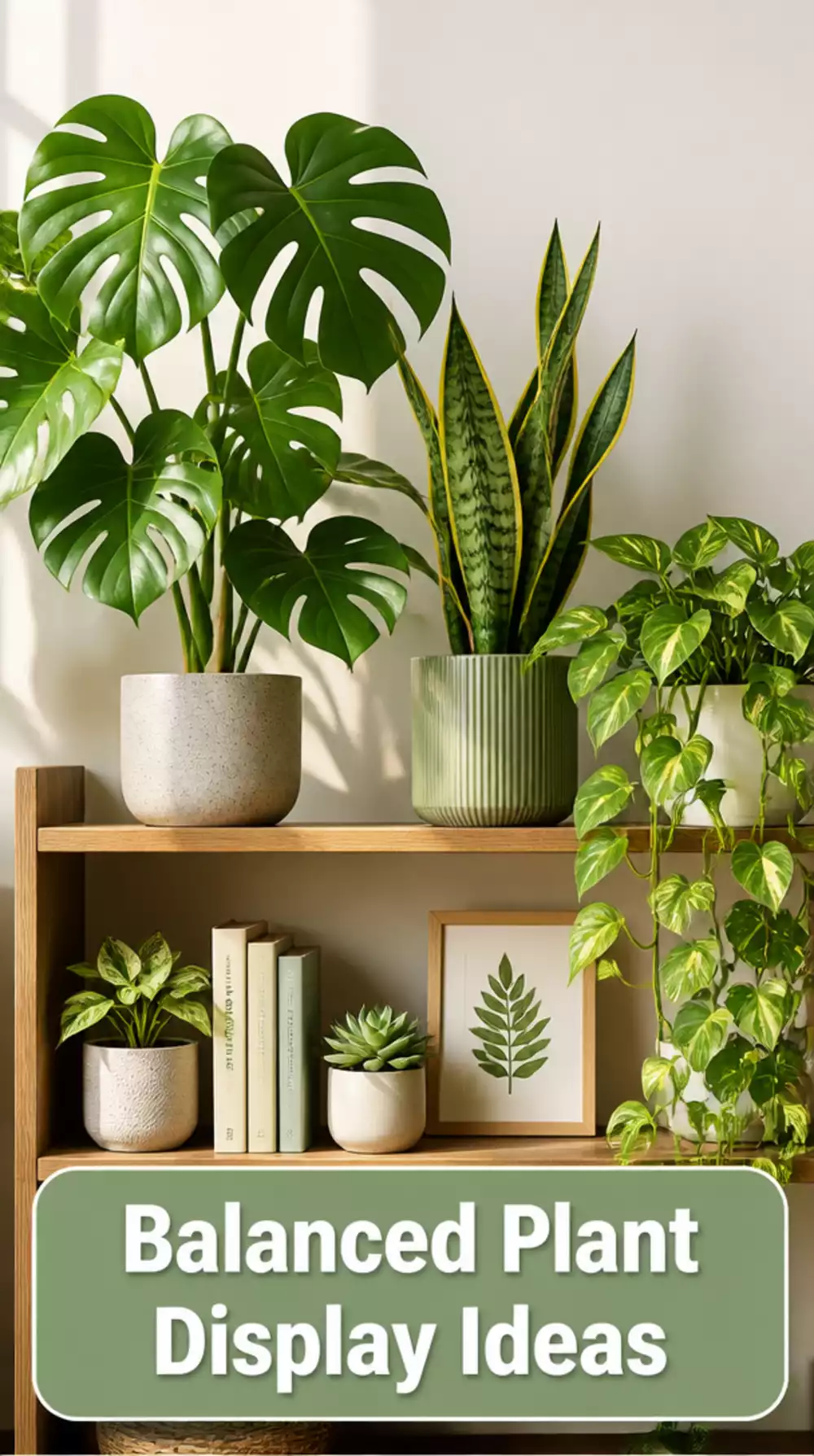 Plant Combination Using Monstera, Snake Plant, and Pothos for a Balanced Shelf Display