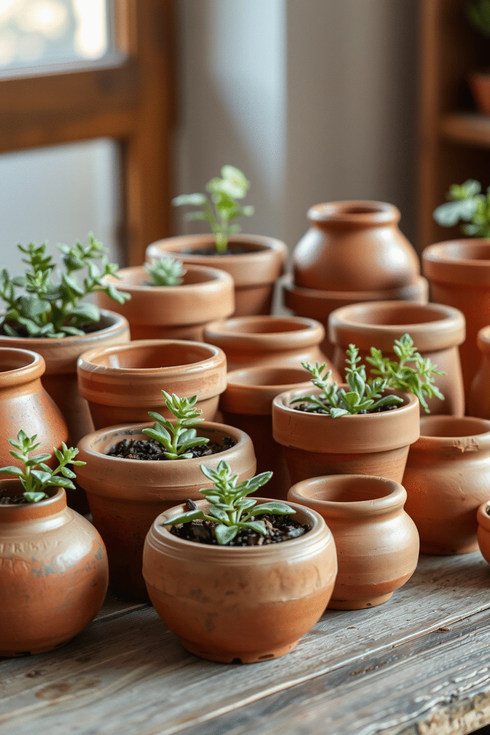 Collection of terracotta and clay pots in various sizes, some with small succulents or herbs, arranged on a rustic wooden table with soft natural light.