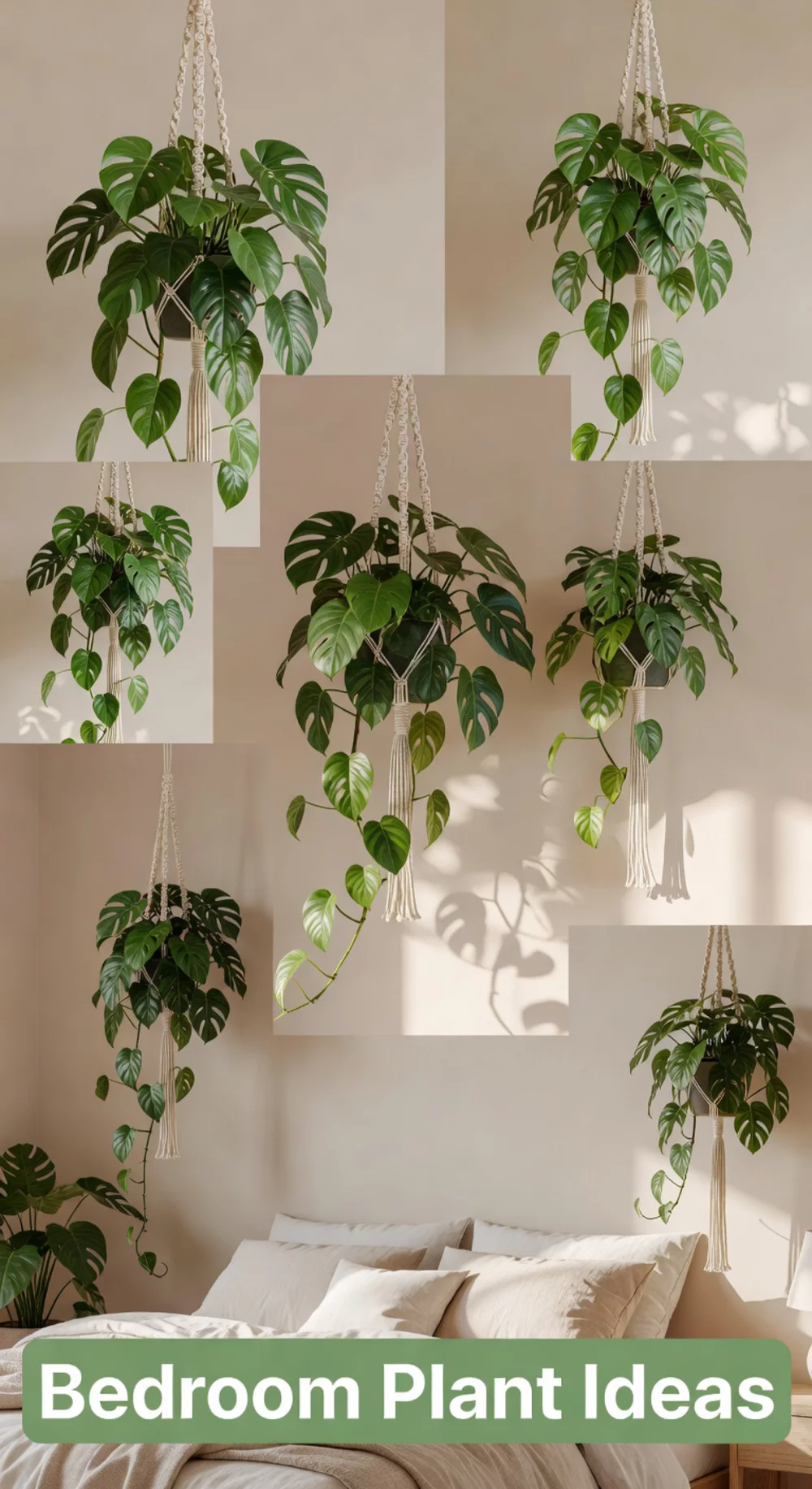 Monstera Adansonii in a Hanging Planter That Trails Down a Bedroom Wall