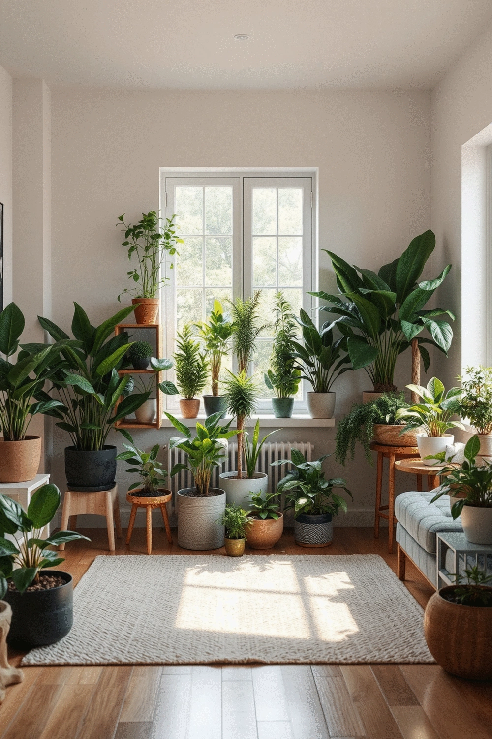 Stylized living room with a variety of indoor plants, no humans, soft natural light