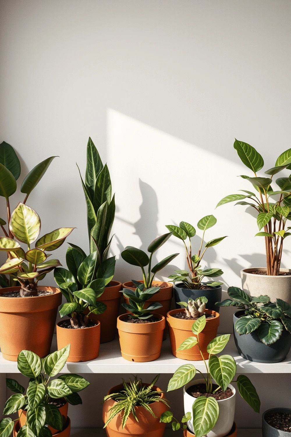 A collection of diverse indoor plants in various pots, showcasing different leaf shapes and colors, arranged on a minimalist shelf.