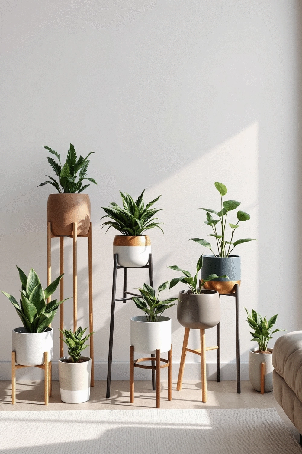 A stylish arrangement of modern planters on plant stands, featuring various sizes and materials, incorporating green plants to enhance a contemporary living space.