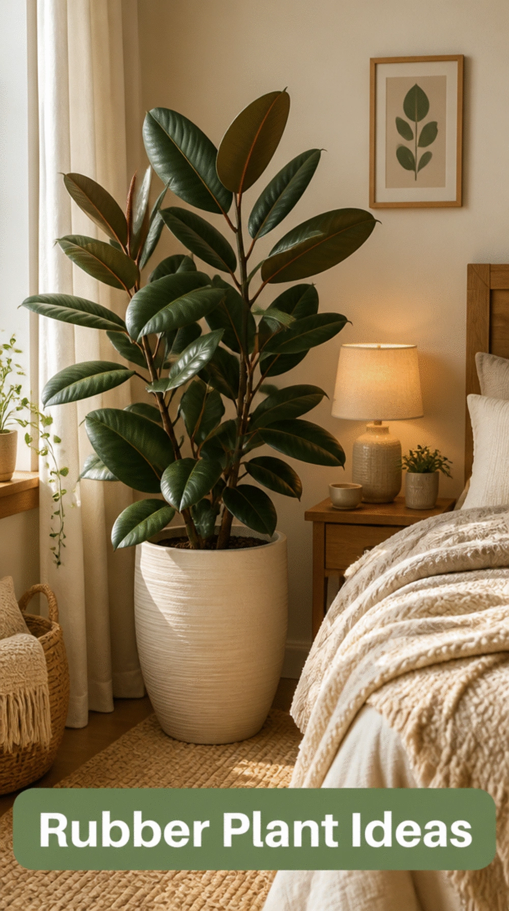 Large Rubber Plant in a Cream Planter That Adds Warmth to a Bedroom Corner