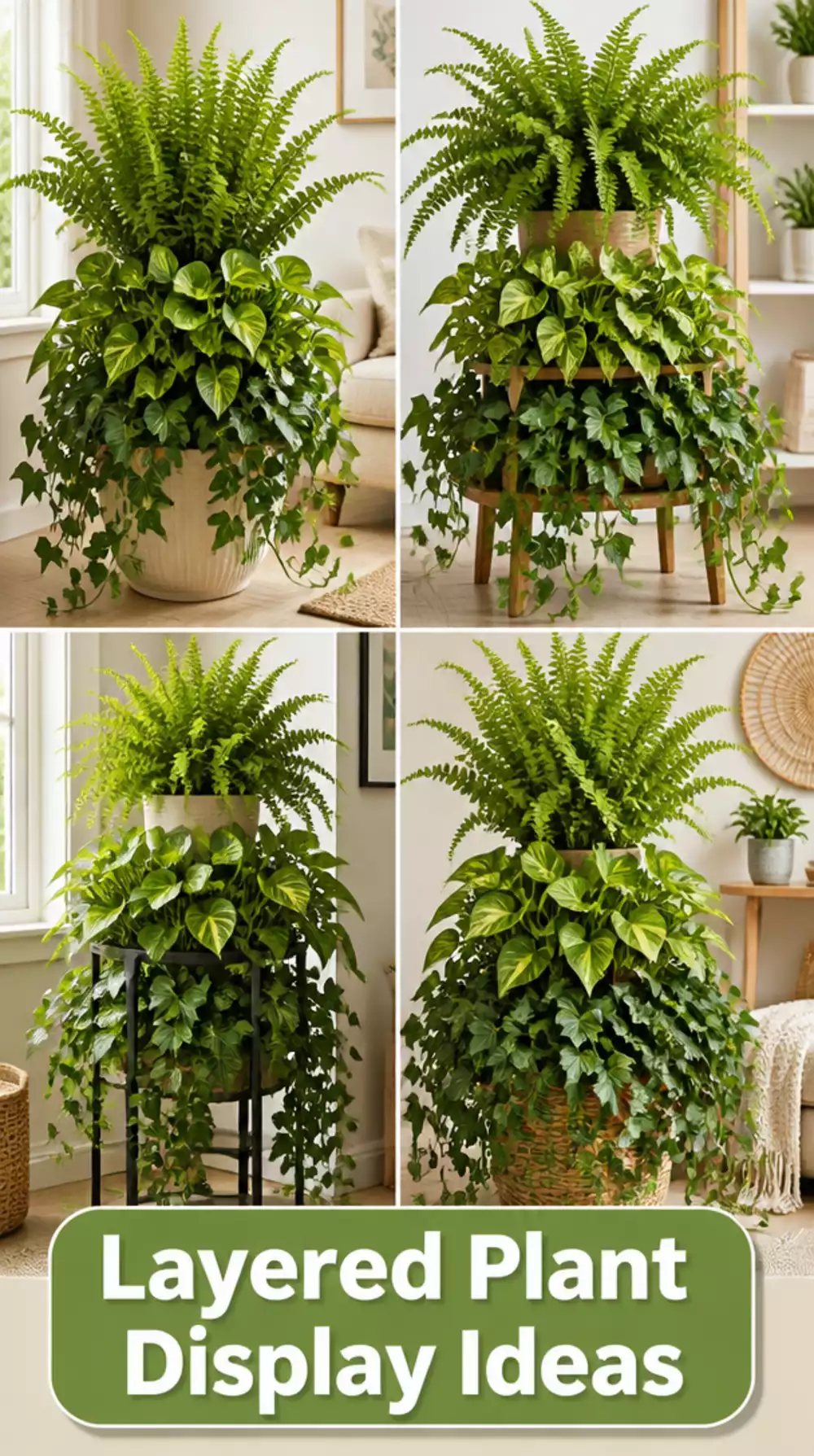 Layered Plant Display Using Tall, Medium, and Trailing Plants at Three Different Heights