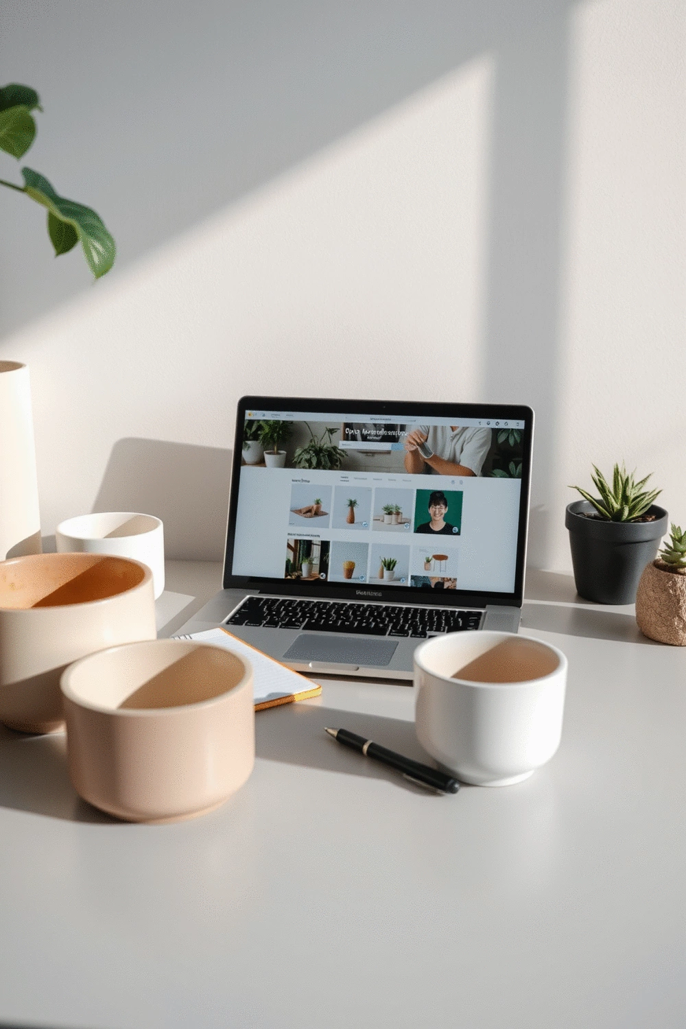A neatly organized desk with a laptop displaying an online shopping website, surrounded by several empty, clean planters of different sizes and materials. A small notepad and pen are visible, suggesting research and decision-making for planter purchases.