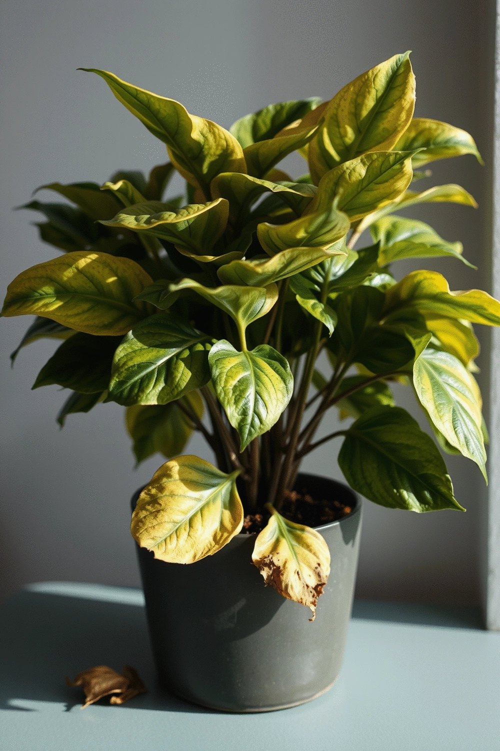 Close-up of a potted houseplant with yellowing leaves and some fallen leaves around its base, indicating stress from winter conditions.