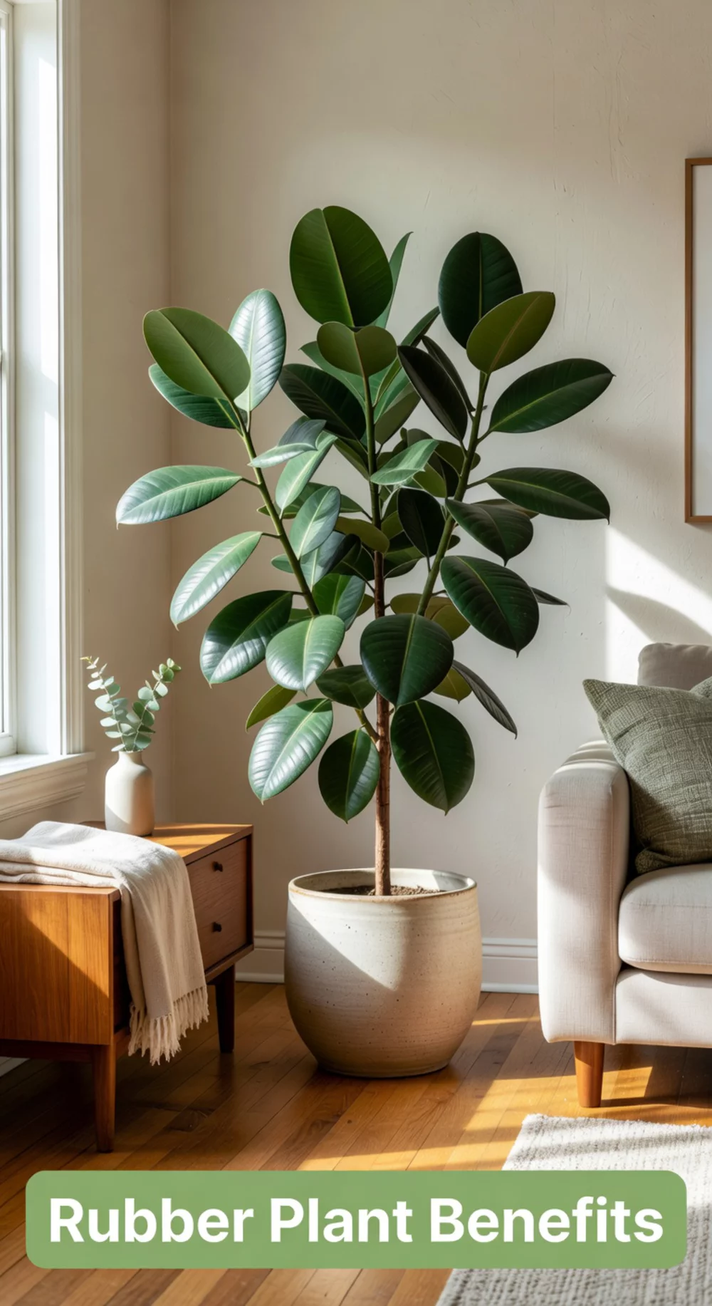 Rubber Plant in a Ceramic Pot That Cleans Air in a Sun-Lit Living Room
