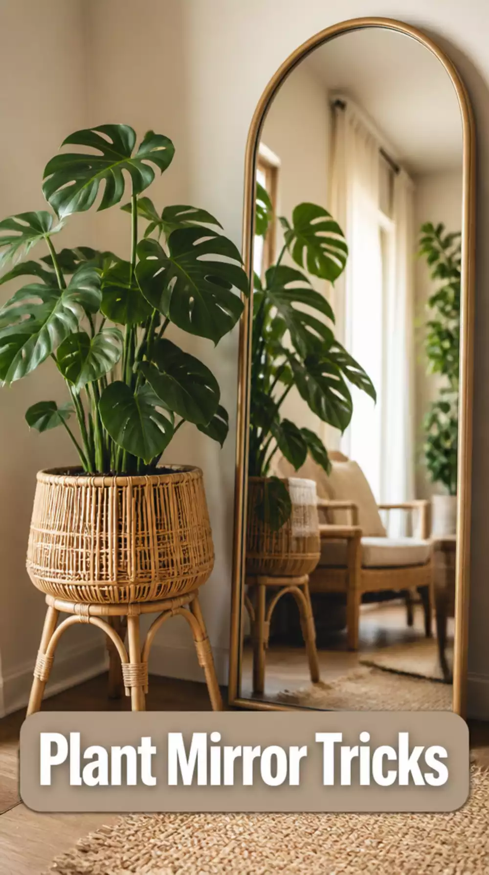 Entryway Rattan Plant Stand with a Large Leafy Plant Beside a Floor Mirror