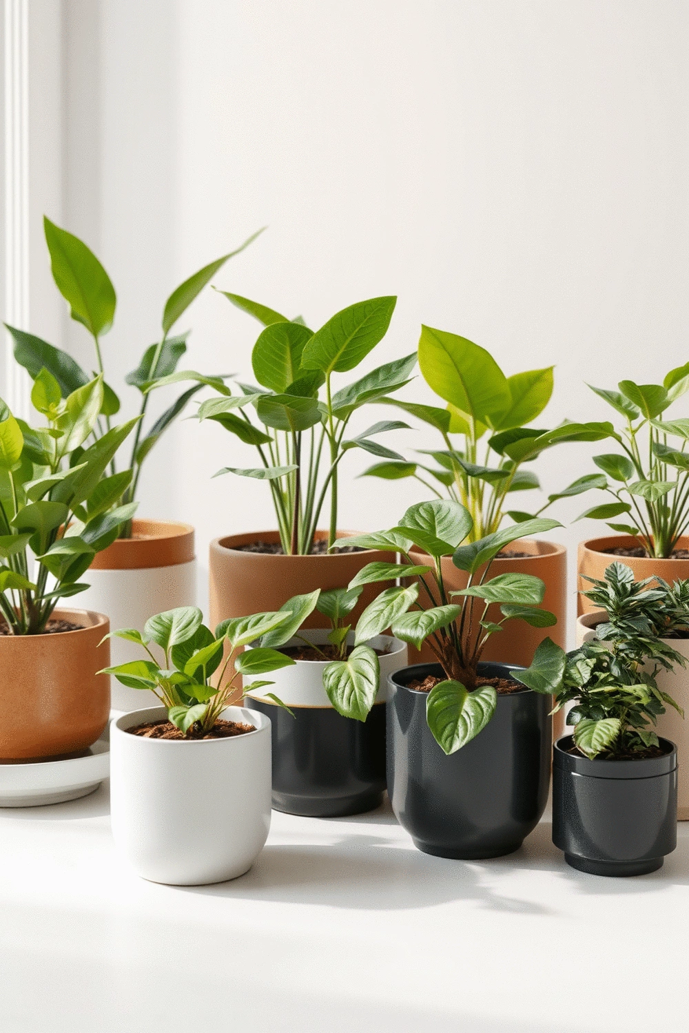 Assortment of air-purifying plants in stylish pots on a clean surface, with soft natural light