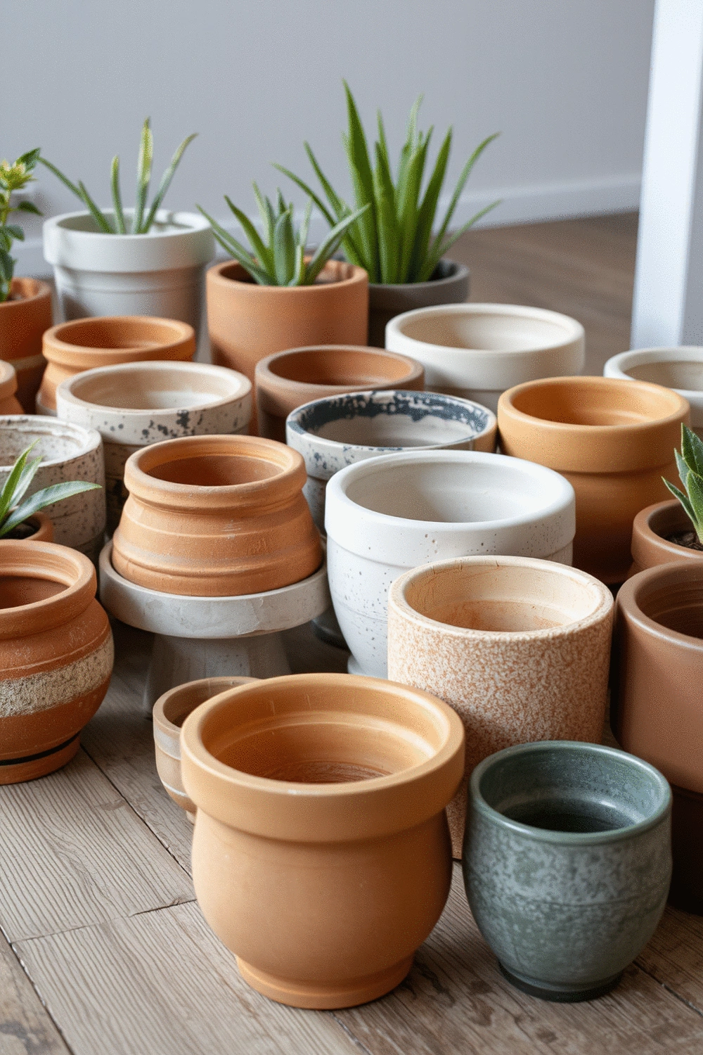 An assortment of empty terracotta, ceramic, and concrete planters in various sizes and earth tones, neatly arranged on a clean wooden surface, ready for planting.