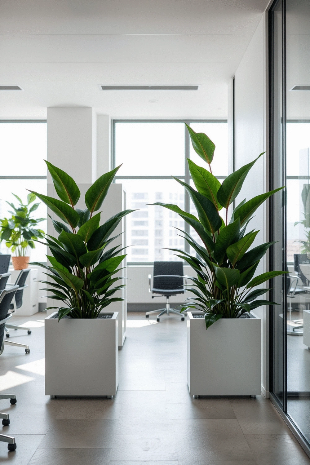 Modern office space with strategically placed lush green plants in sleek white planters, creating natural dividers and enhancing the professional aesthetic.