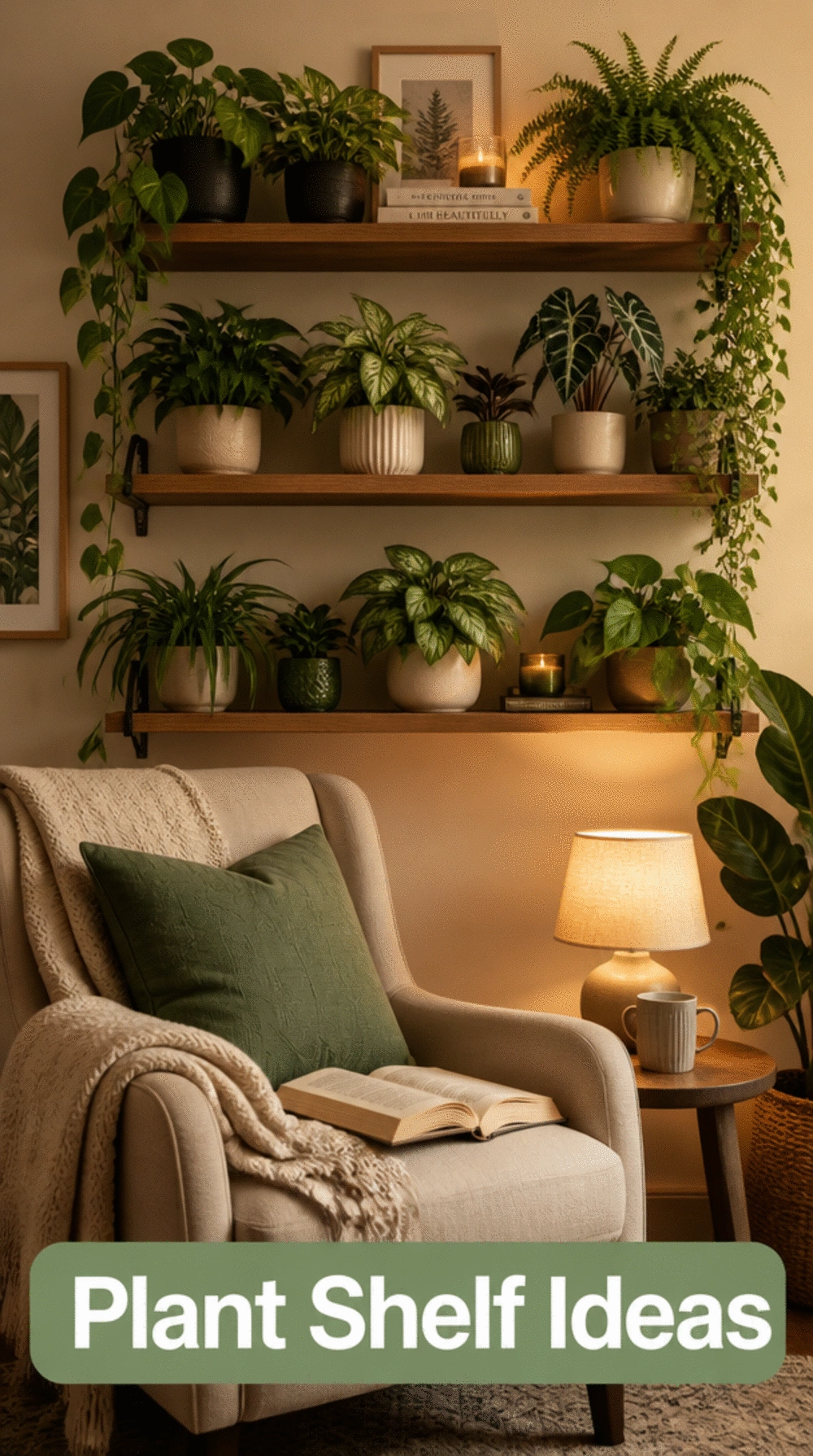Bedroom Plant Shelf with Three Low-Light Plants Styled Above a Reading Nook