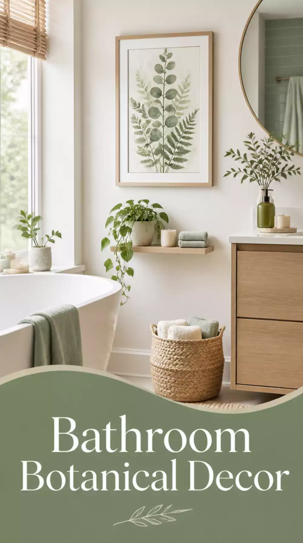 Bathroom Botanical Print in a Moisture-Resistant Frame Above a Small Plant Shelf