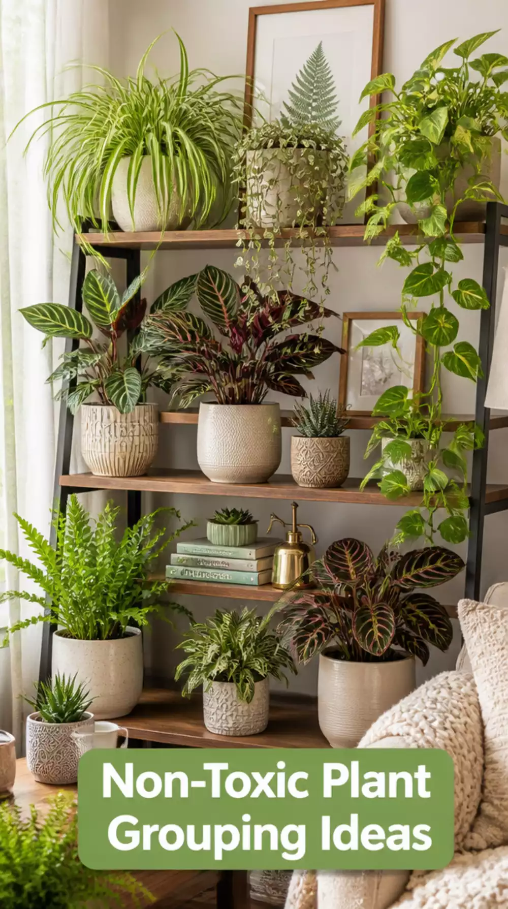 Non-Toxic Indoor Plant Grouping on a Living Room Shelf Safe for Cats and Dogs