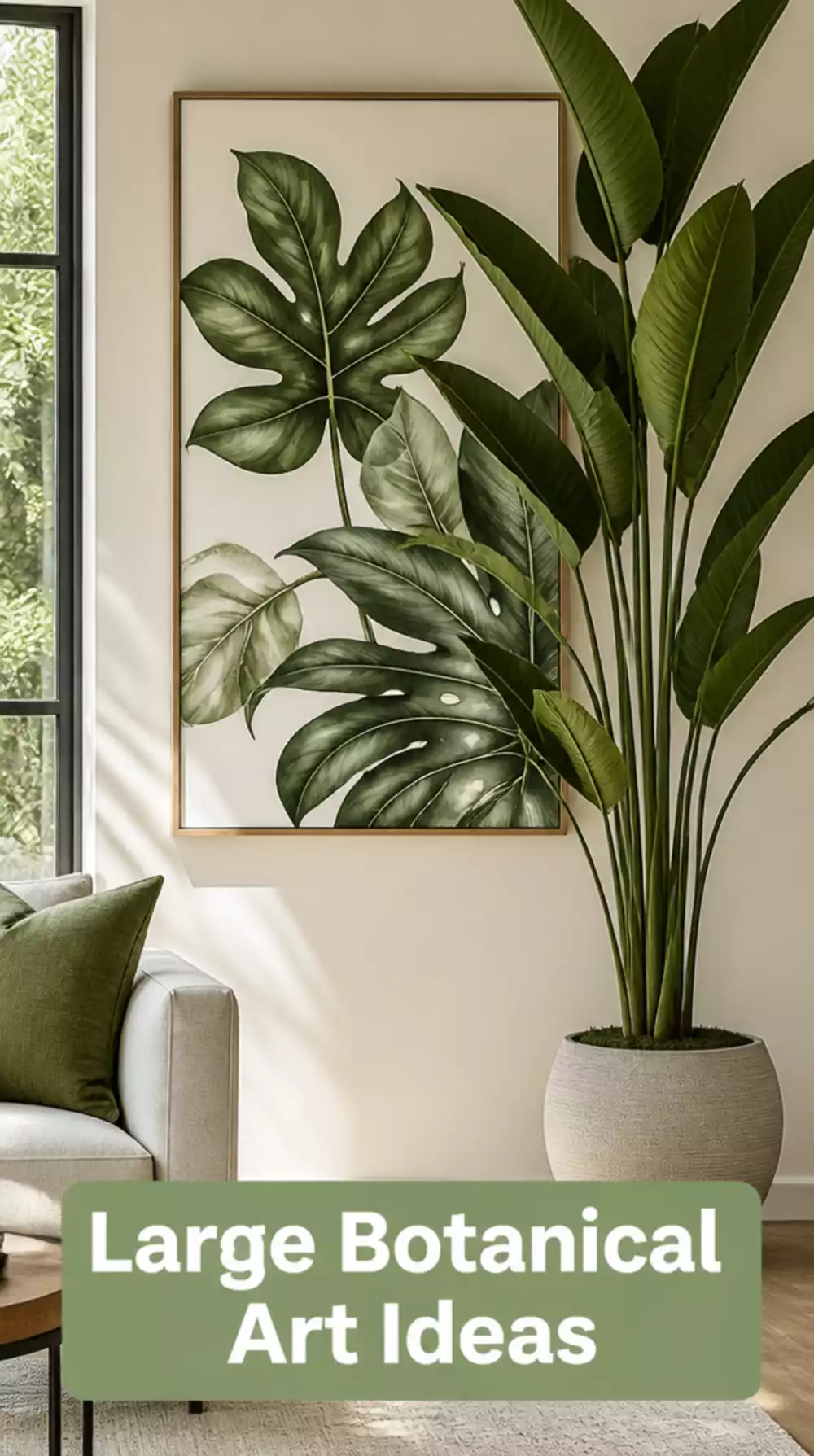 Large Botanical Leaf Print Above a Statement Floor Plant That Extends the Green Upward