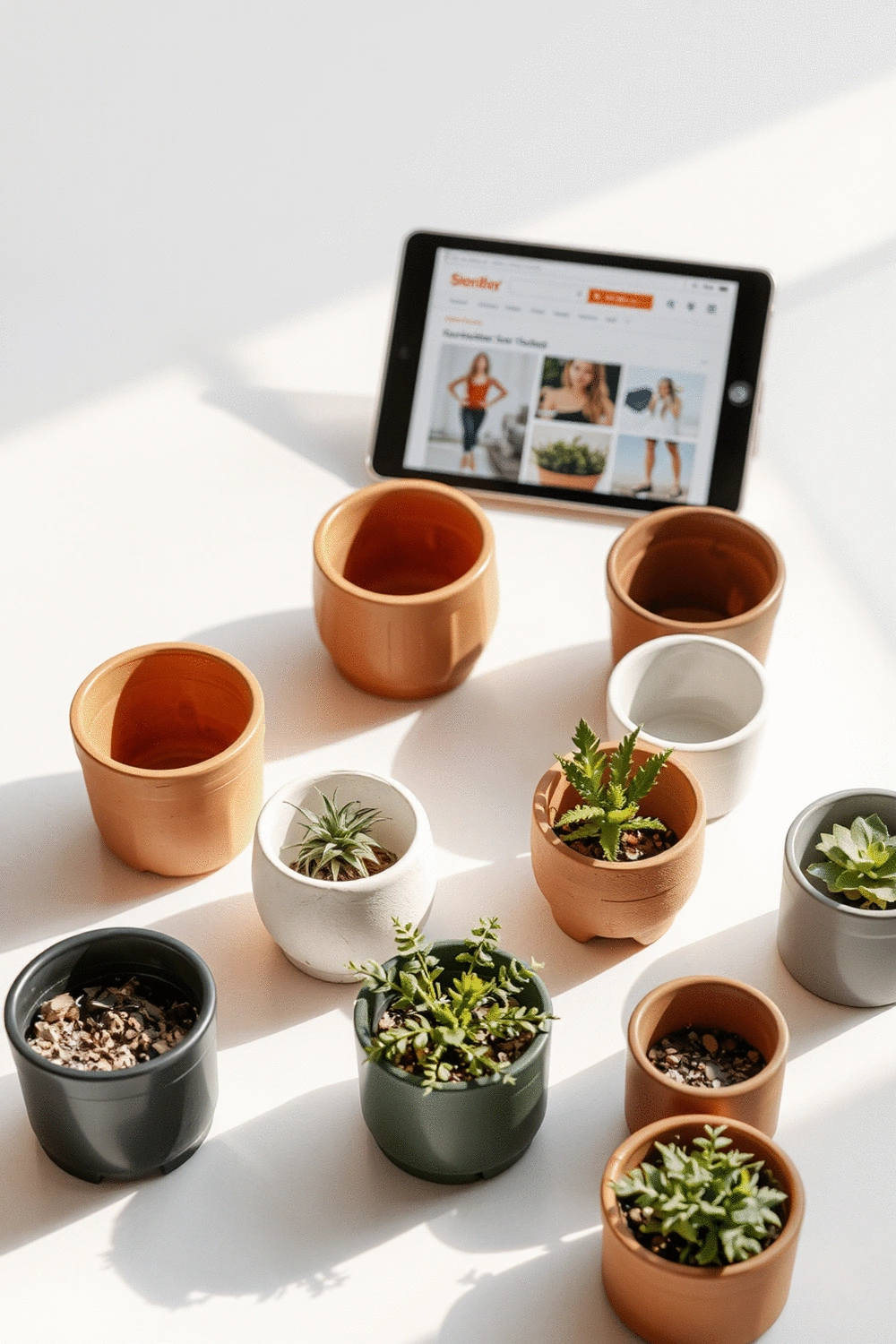 A flat lay of various small, empty planters made from different materials like terracotta, ceramic, and recycled plastic, arranged on a clean, light-colored surface, representing options from online retailers. A tablet displaying an online shopping website is subtly visible in the background.