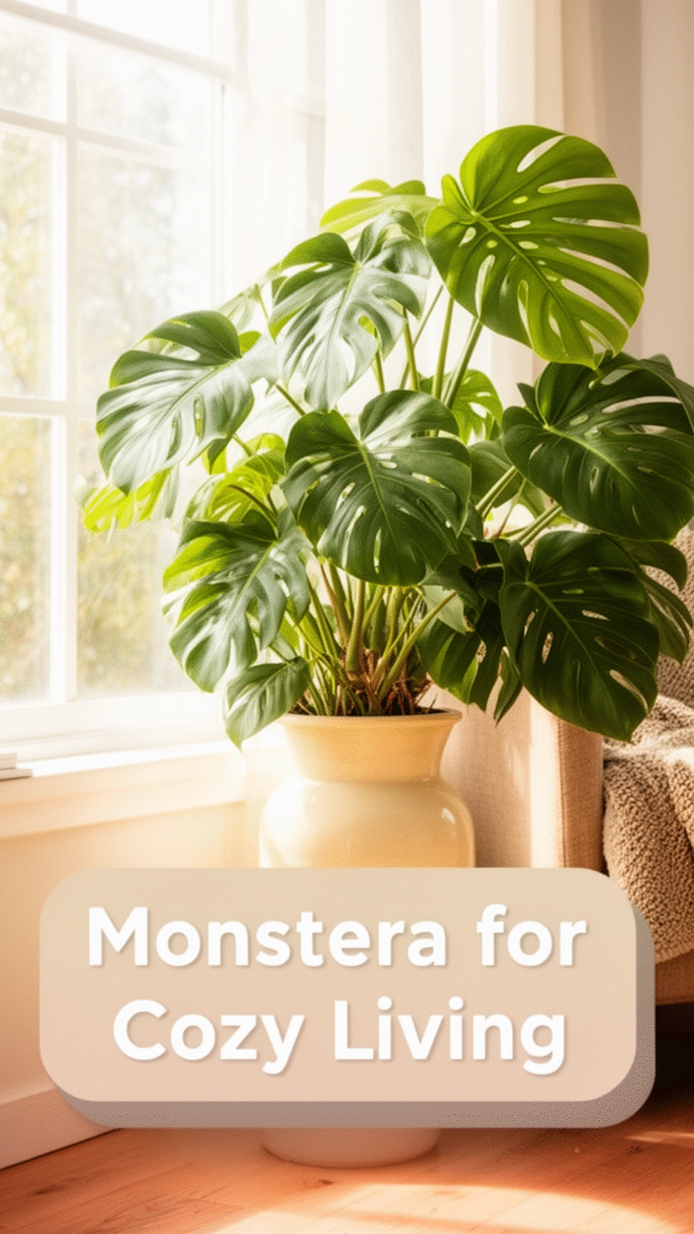 Large Monstera in a Warm Cream Ceramic Pot for a Cozy Living Room