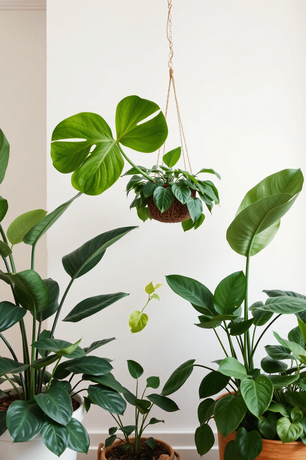 Variety of popular indoor plants such as a Fiddle Leaf Fig, Pothos in a hanging basket, a Peace Lily, and a Snake Plant arranged aesthetically in a bright room.