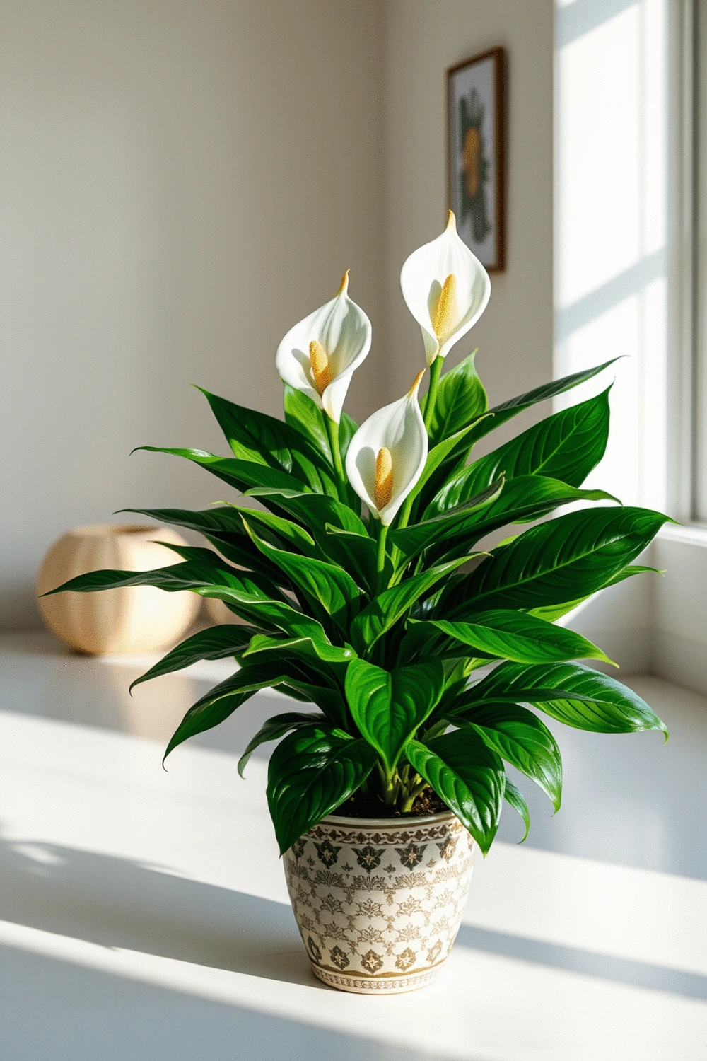 A vibrant green peace lily plant in a decorative pot, showcasing lush foliage and white blooms, positioned in a well-lit indoor setting.