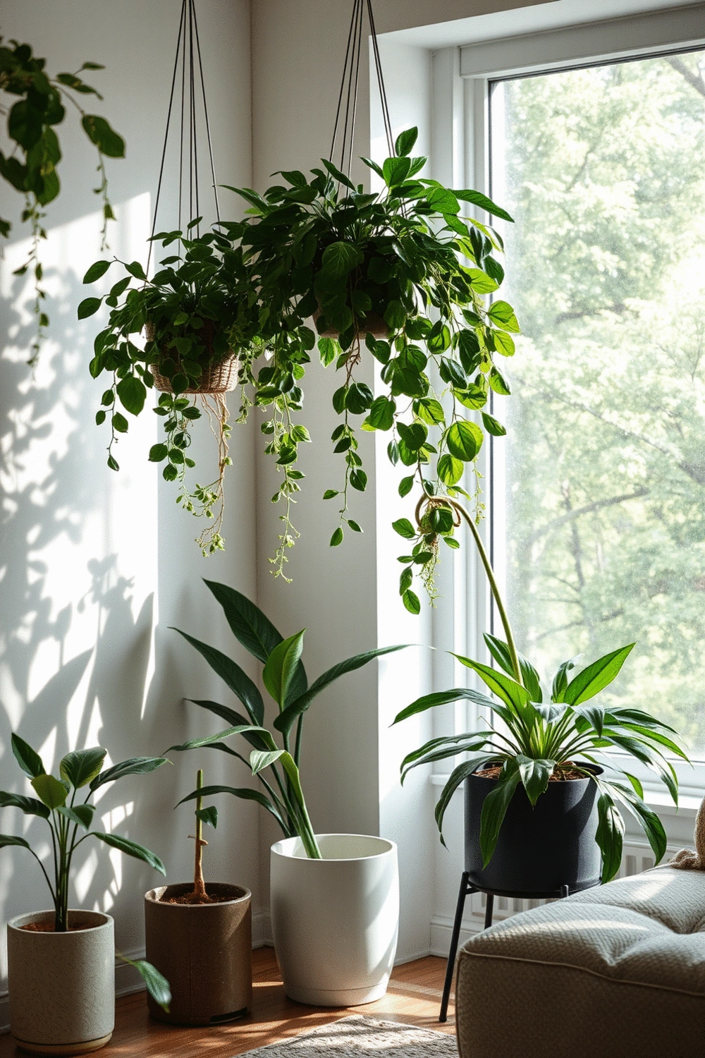 A tranquil indoor setting with hanging plants and potted low-light plants creating a relaxing green oasis.