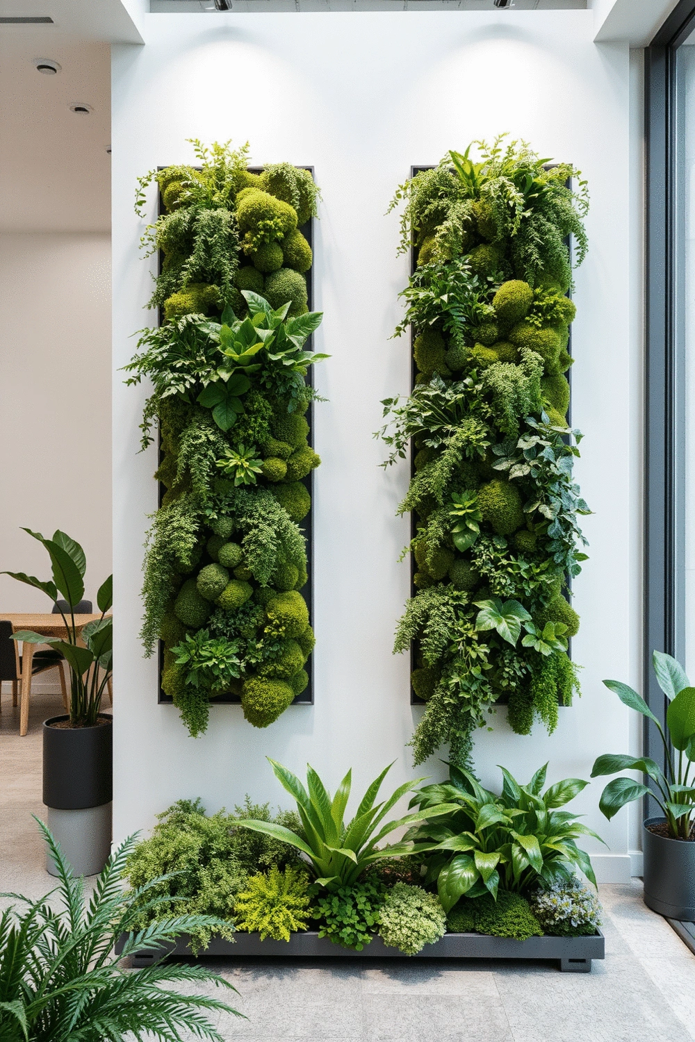 Modern indoor vertical garden installation with various green plants and moss, clean background