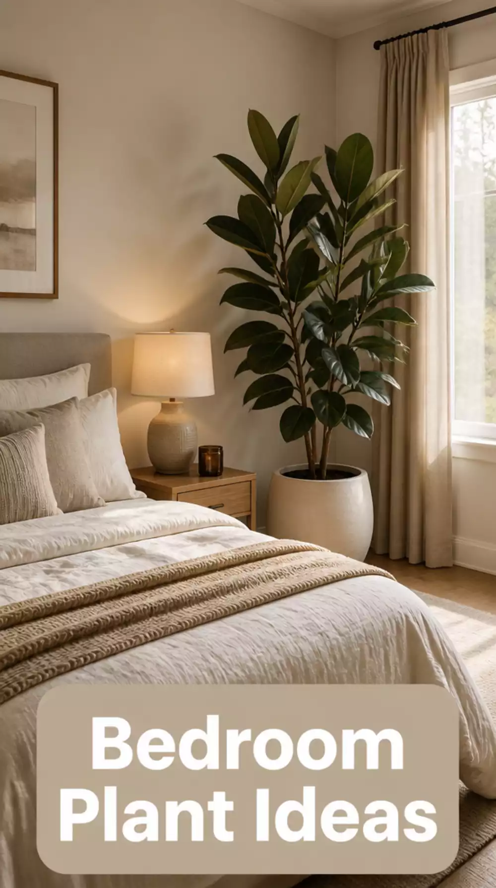 Bedroom Large Rubber Plant in a Cream Floor Planter That Warms a Neutral Corner
