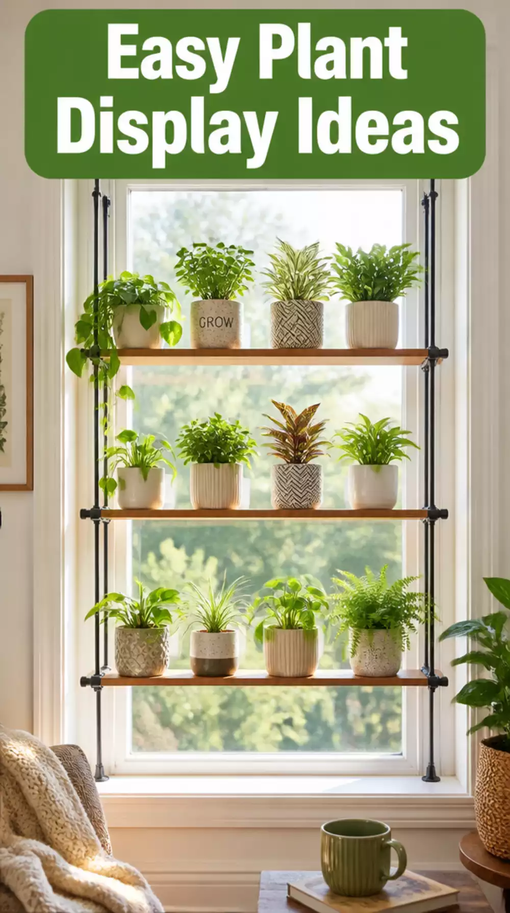 Living Room Tension Rod Plant Shelf That Fits a Window Frame with No Fixing Required
