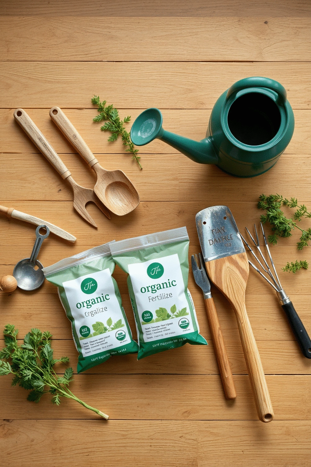 Flat lay of gardening tools, small organic fertilizer bags, and a watering can on a wooden table, no humans